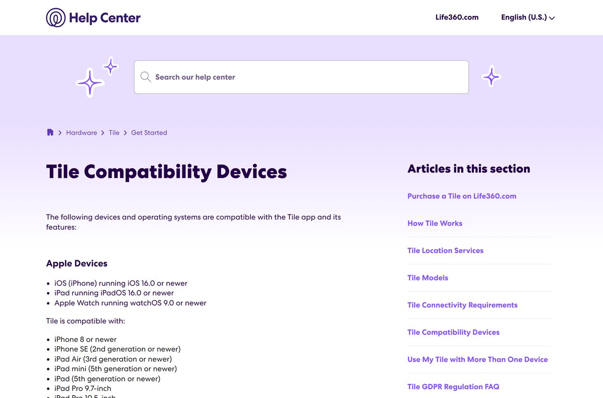 Support article listing phones and tablets that run Tile