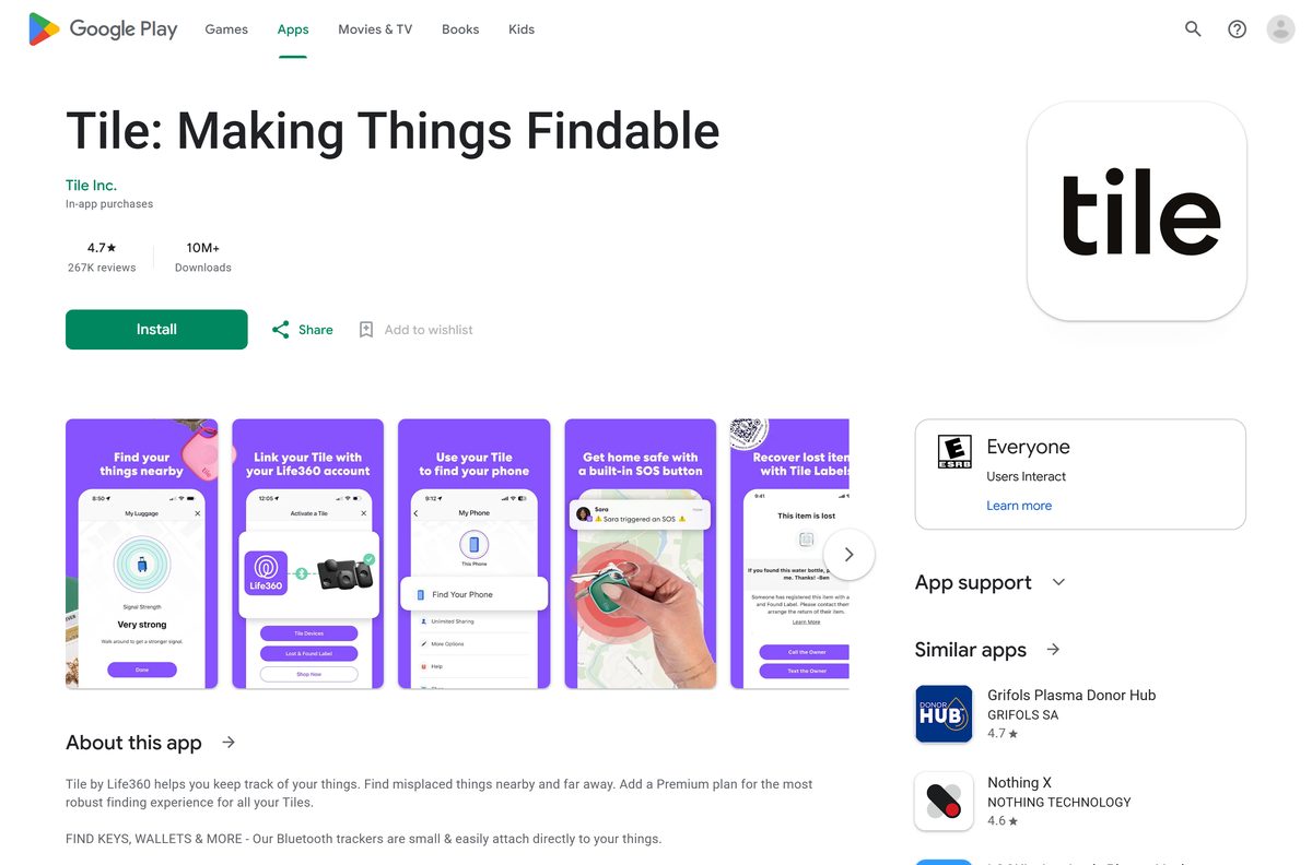 Google Play listing for Tile with its rating and install button