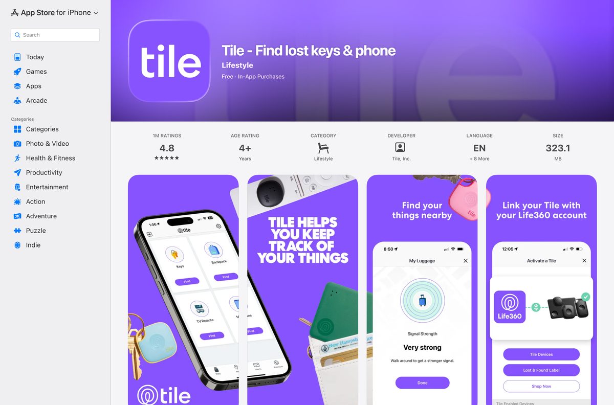App Store listing for Tile showing the seller and price