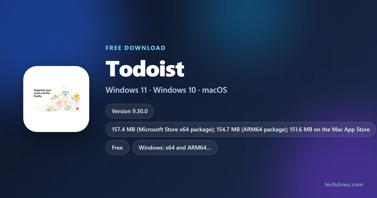Todoist download card with version, plans and supported platforms