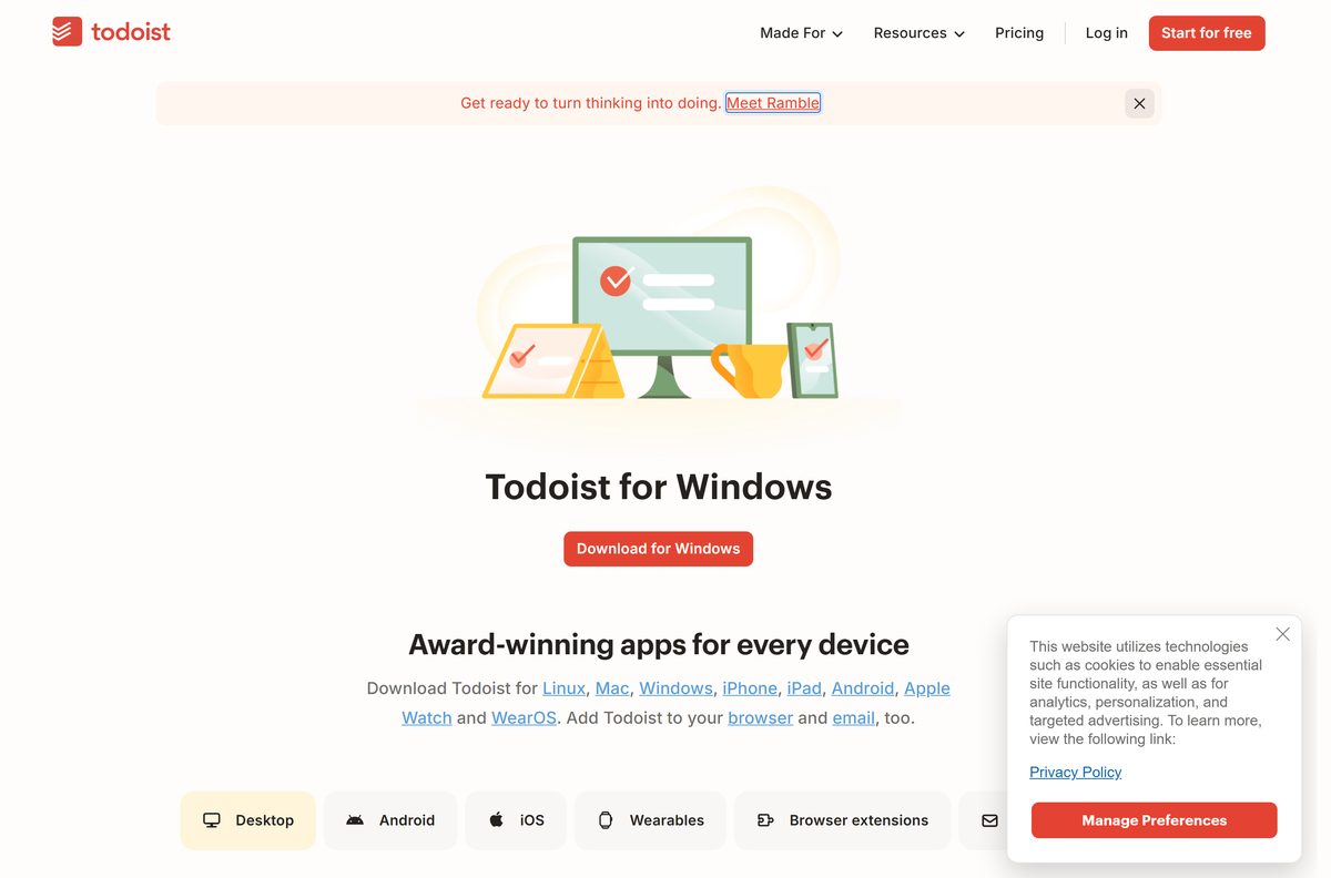 Official Todoist for Windows page with the Download for Windows button
