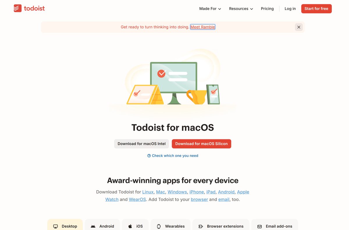 Todoist for macOS page with Silicon Mac and Intel Mac buttons