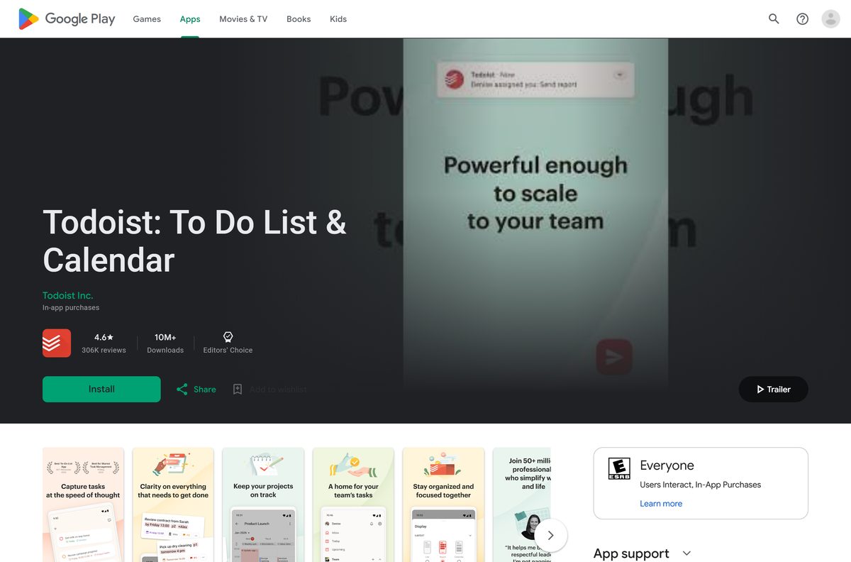 Google Play listing for Todoist with rating and install button