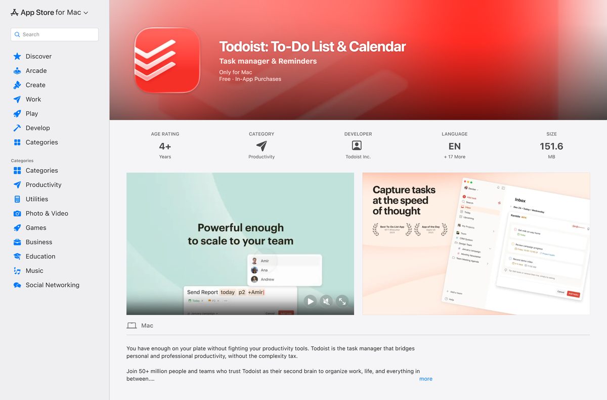 Mac App Store listing for Todoist with price and in-app purchases