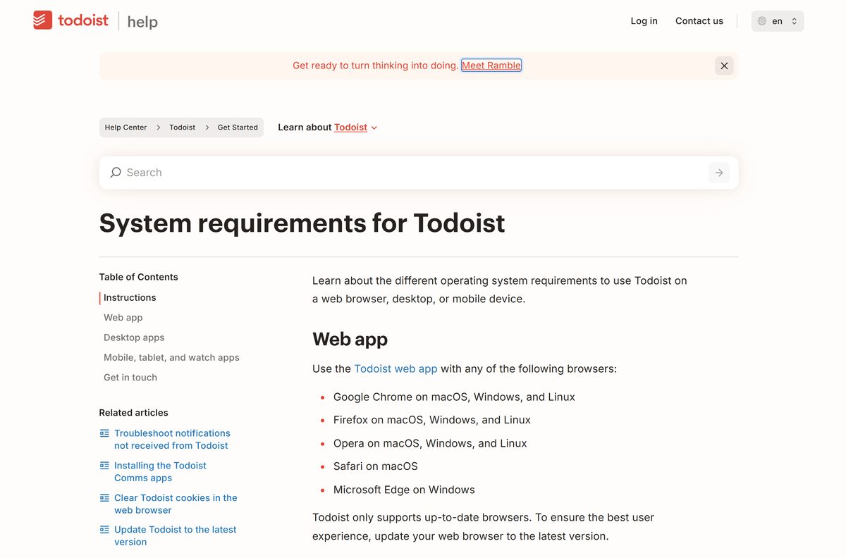 Todoist help article listing system requirements for every platform