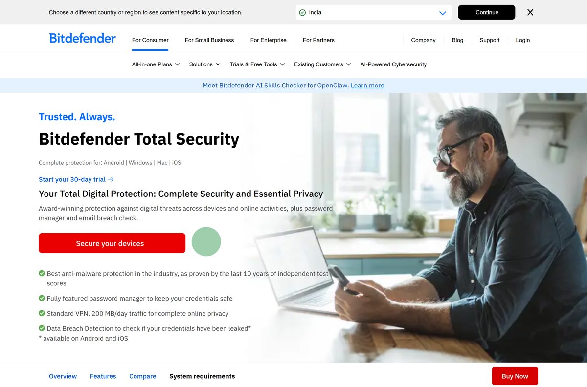 Bitdefender Total Security page showing plan prices and the trial button
