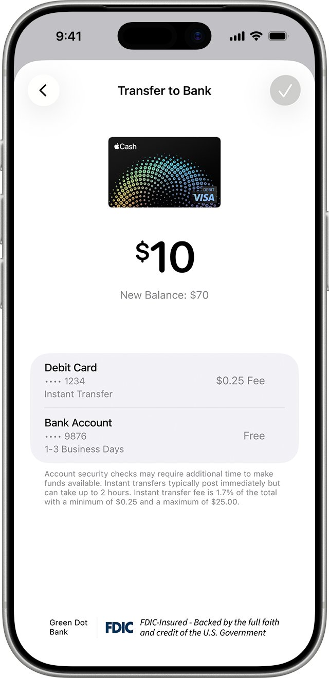 Transfer Apple Cash to a bank account with instant or standard options