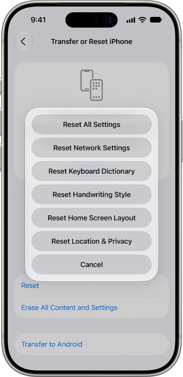 Transfer or Reset iPhone menu listing Reset Network Settings