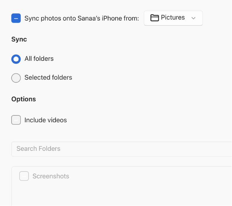 Transfer pictures from desktop to iPhone with Apple Devices sync photos options