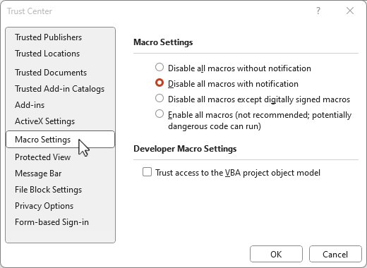 Trust Center Macro Settings page with Disable all macros with notification selected
