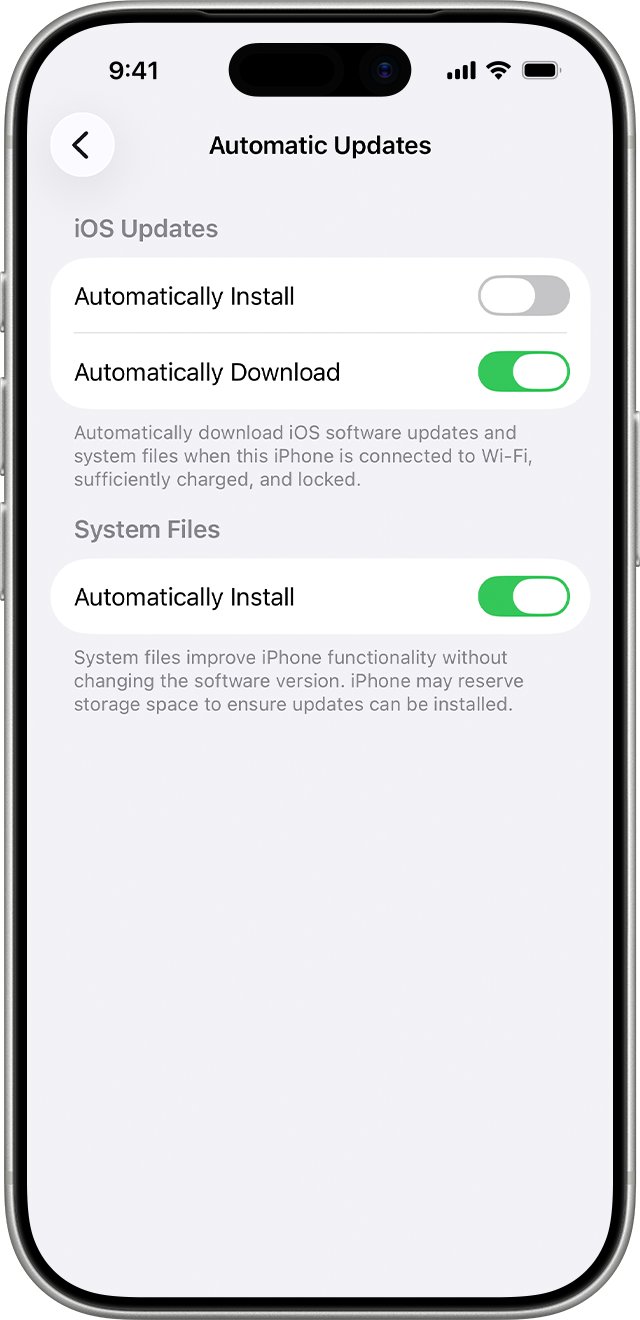 Turn on automatic iOS updates with Automatically Install and Download toggles