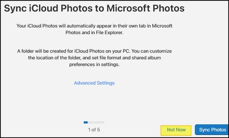 Turn on iCloud Photos sync in Windows 11 after choosing Not Now during setup
