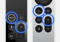 Two Apple TV remotes with Back or Menu and Volume Up highlighted in blue