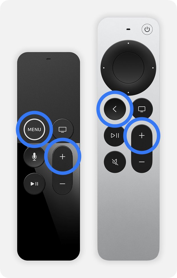 Two Apple TV remotes with Back or Menu and Volume Up highlighted in blue