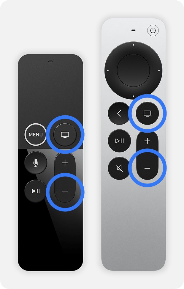Two Apple TV remotes with TV/Control Center and Volume Down highlighted in blue