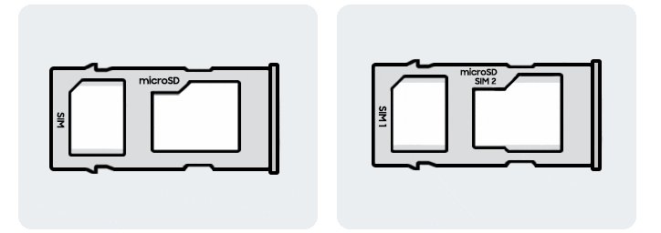 Two Samsung SIM trays, one single SIM and one hybrid SIM2 and microSD