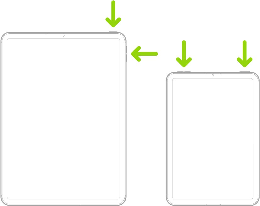 Two iPad models with arrows pointing at the top and volume buttons