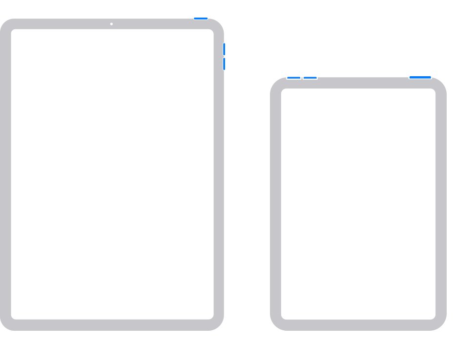 Two iPad outlines without a Home button, top and volume buttons highlighted blue