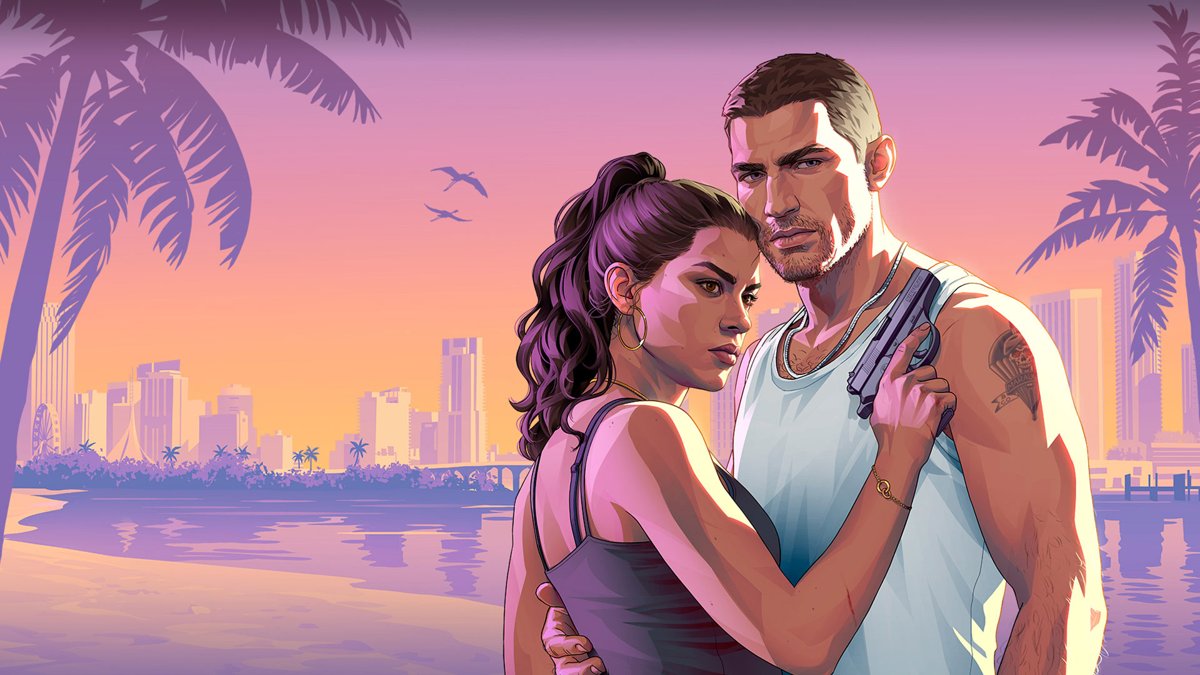 Two protagonists embracing in front of a pastel Vice City skyline