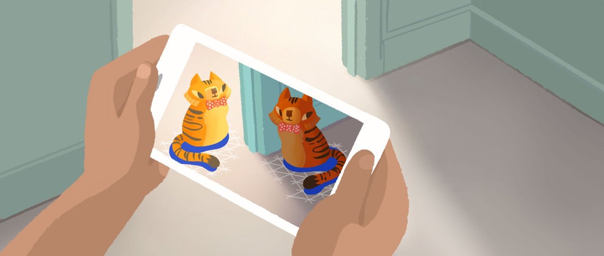 Two virtual cats in a phone view, one lit to match the room