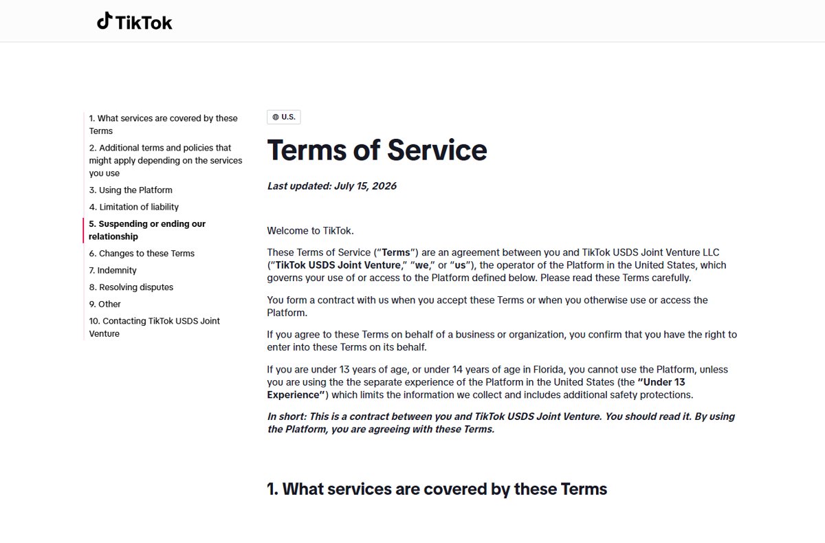 U.S. TikTok Terms of Service naming TikTok USDS Joint Venture LLC