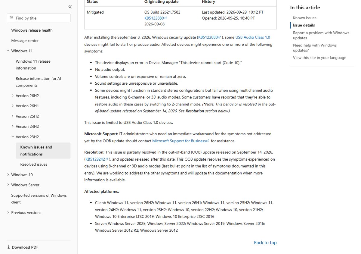USB Audio Class 1.0 issue details with Code 10 symptom and partial resolution