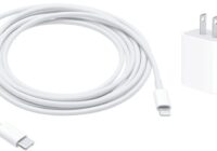 USB-C to Lightning cable beside a USB-C wall power adapter