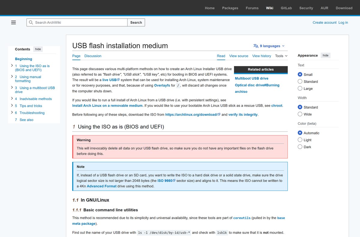 ArchWiki guide to writing an Arch Linux USB drive