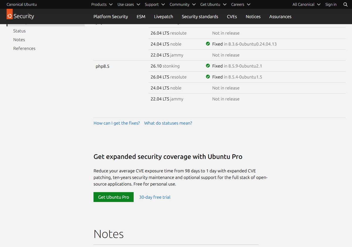 Ubuntu 24.04 php8.3 package status for CVE-2026-109618 showing Fixed