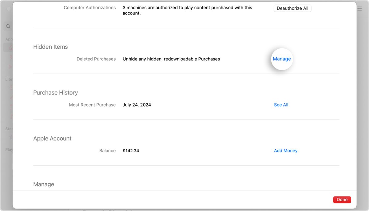 Unhide hidden purchases in Apple Music from Hidden Items in Account Settings
