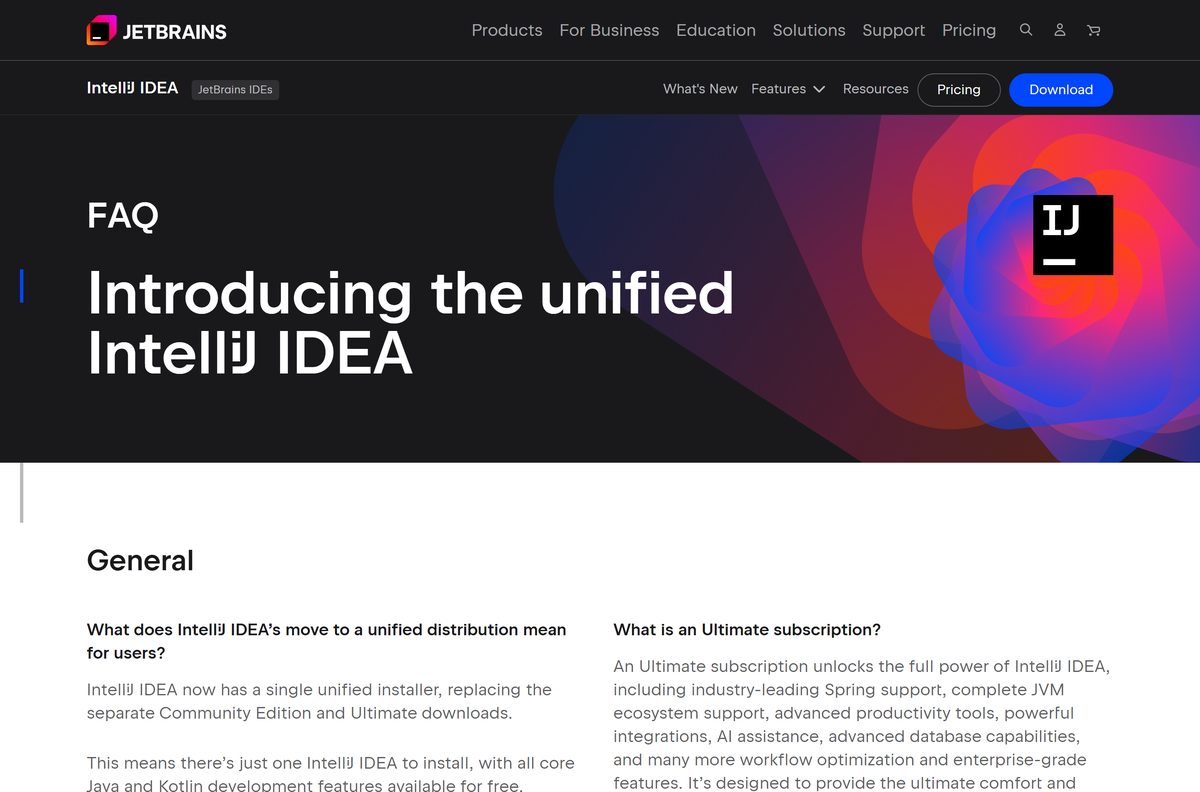 JetBrains FAQ explaining the unified distribution and its free tier