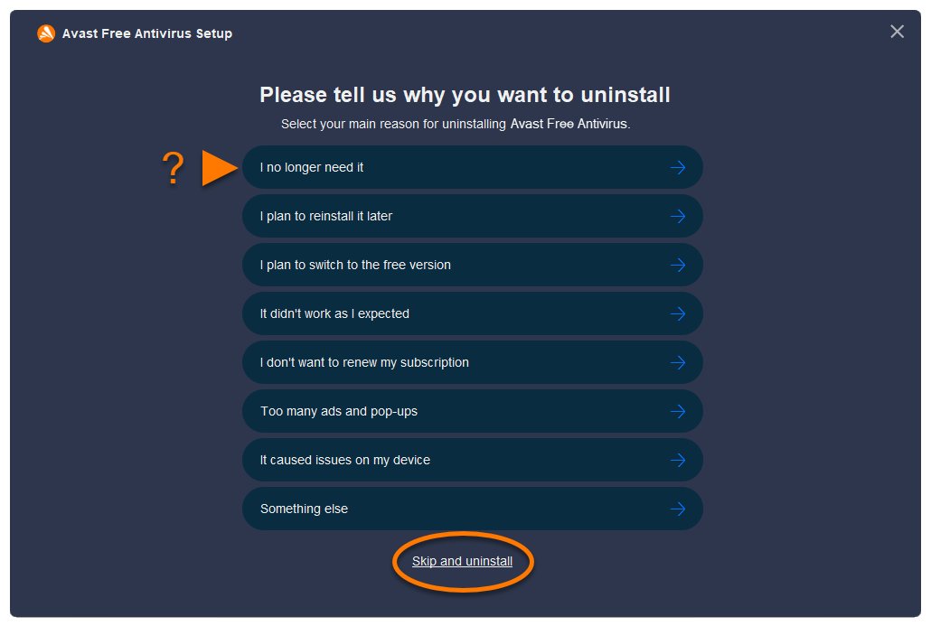 Uninstall Avast to remove AvLaunch.exe, skipping the reason survey
