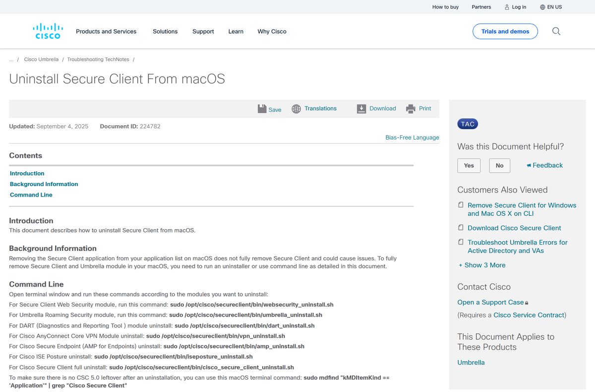 Cisco article listing the macOS removal scripts in Terminal