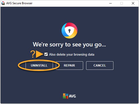 Uninstall dialog with the Also delete your browsing data checkbox
