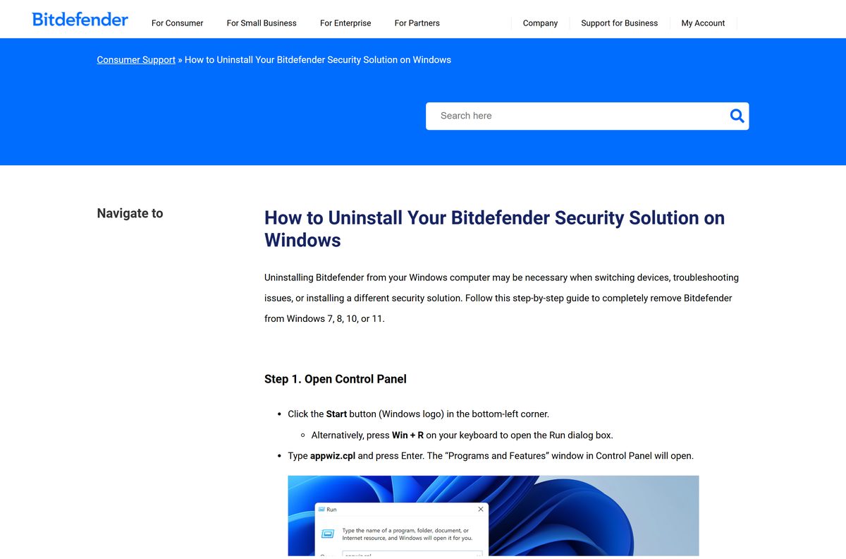 Bitdefender support article with the Windows removal steps and uninstall tool