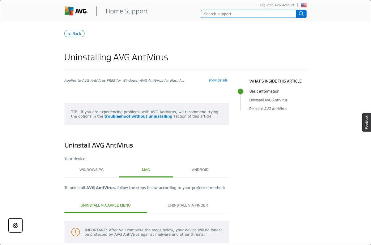 AVG uninstall article with the Apple menu bar route for Macs