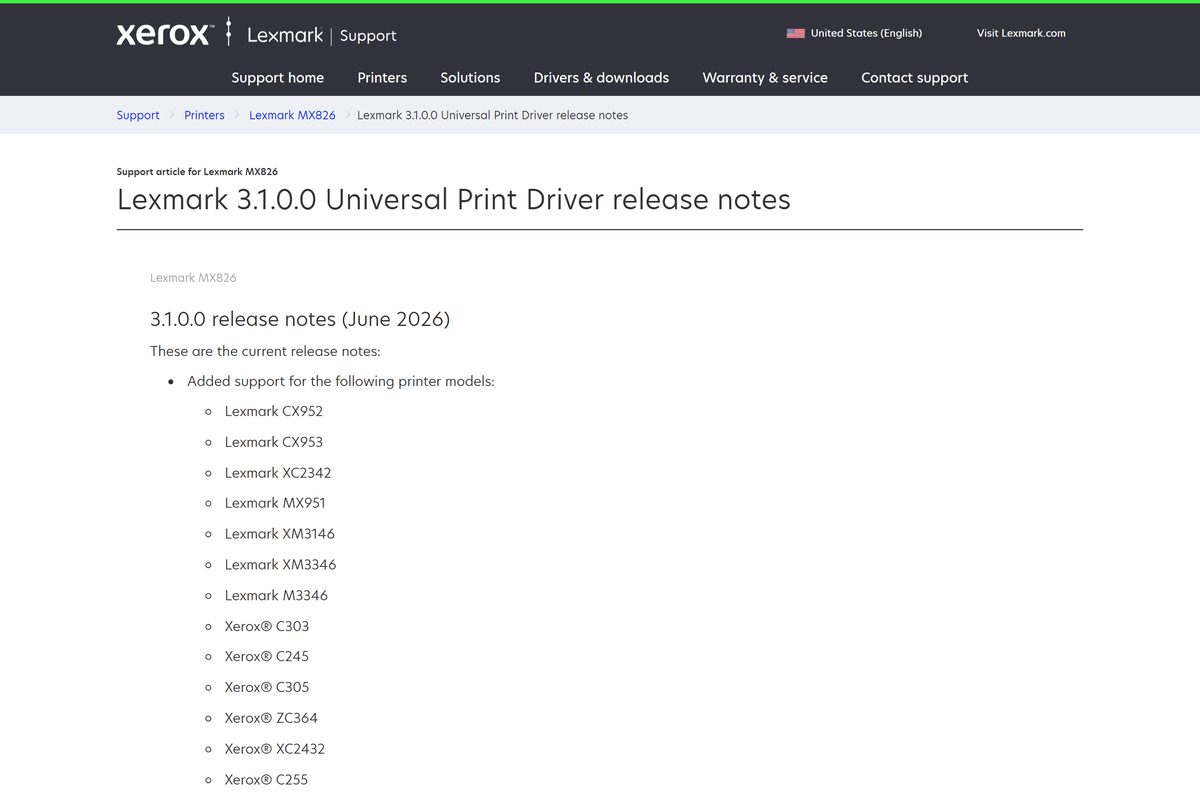 Lexmark Universal Print Driver release notes listing new printer models