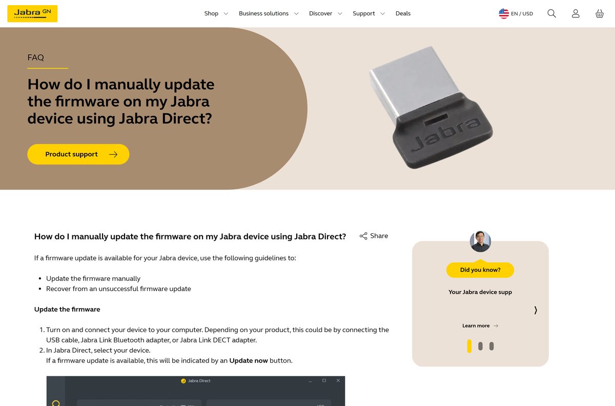 Jabra support steps for updating headset firmware in the app