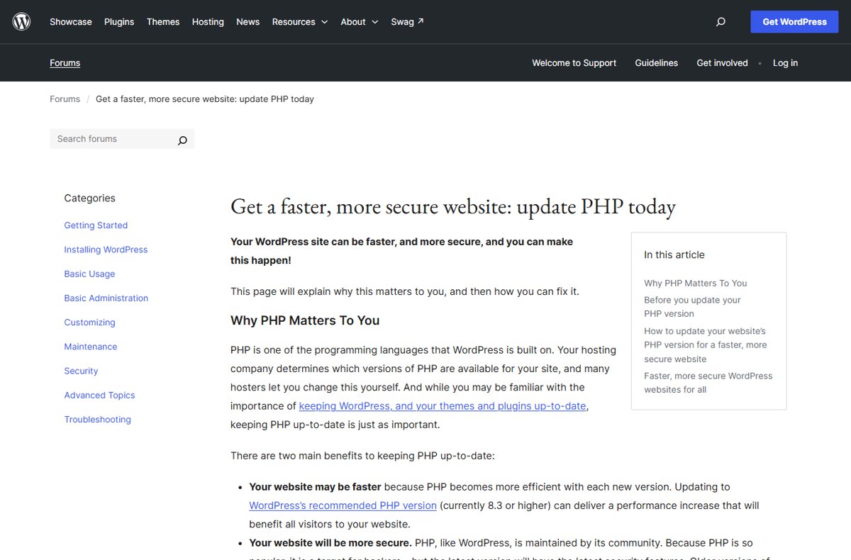 Update PHP for WordPress using the official update PHP guide