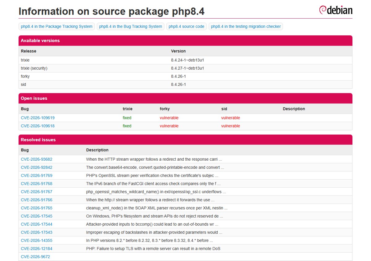Update PHP on Debian: php8.4 security tracker showing trixie fixed