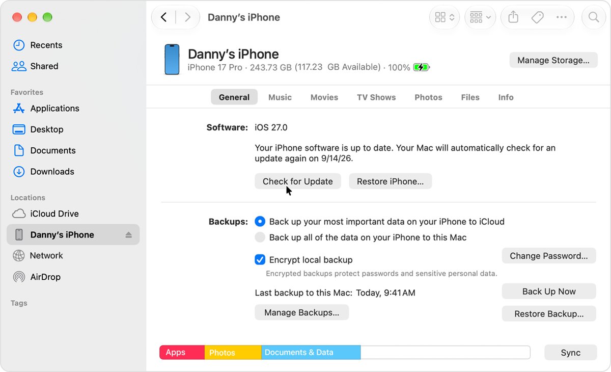 Update iOS using a Mac in Finder with Check for Update button