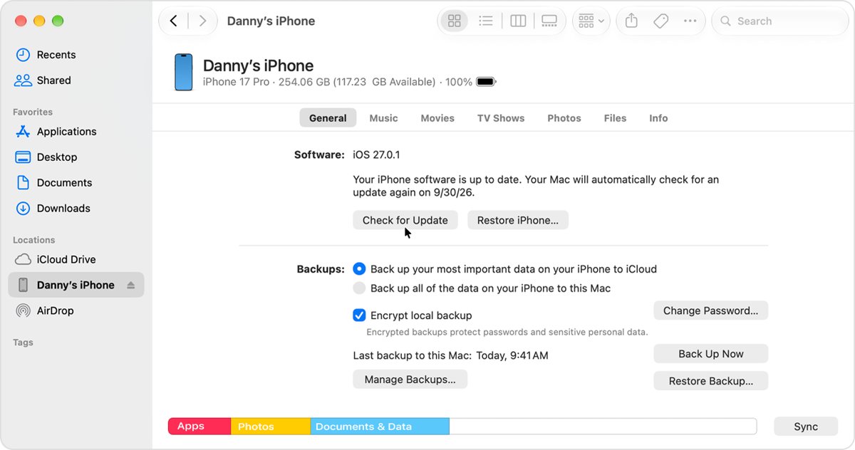 Update iPhone 11 Pro on a Mac with Check for Update in Finder