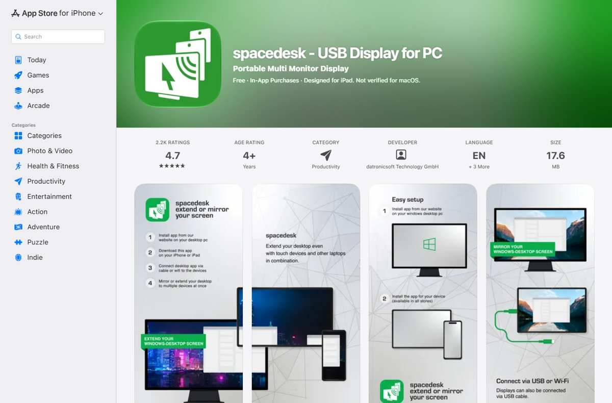 Use an iPad as a second monitor with the spacedesk App Store listing