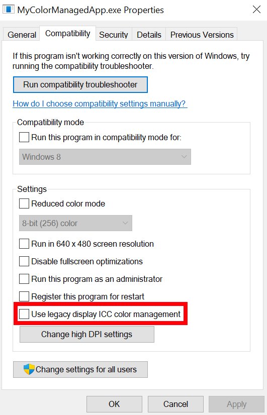 Use legacy display ICC color management option on an app's Compatibility tab