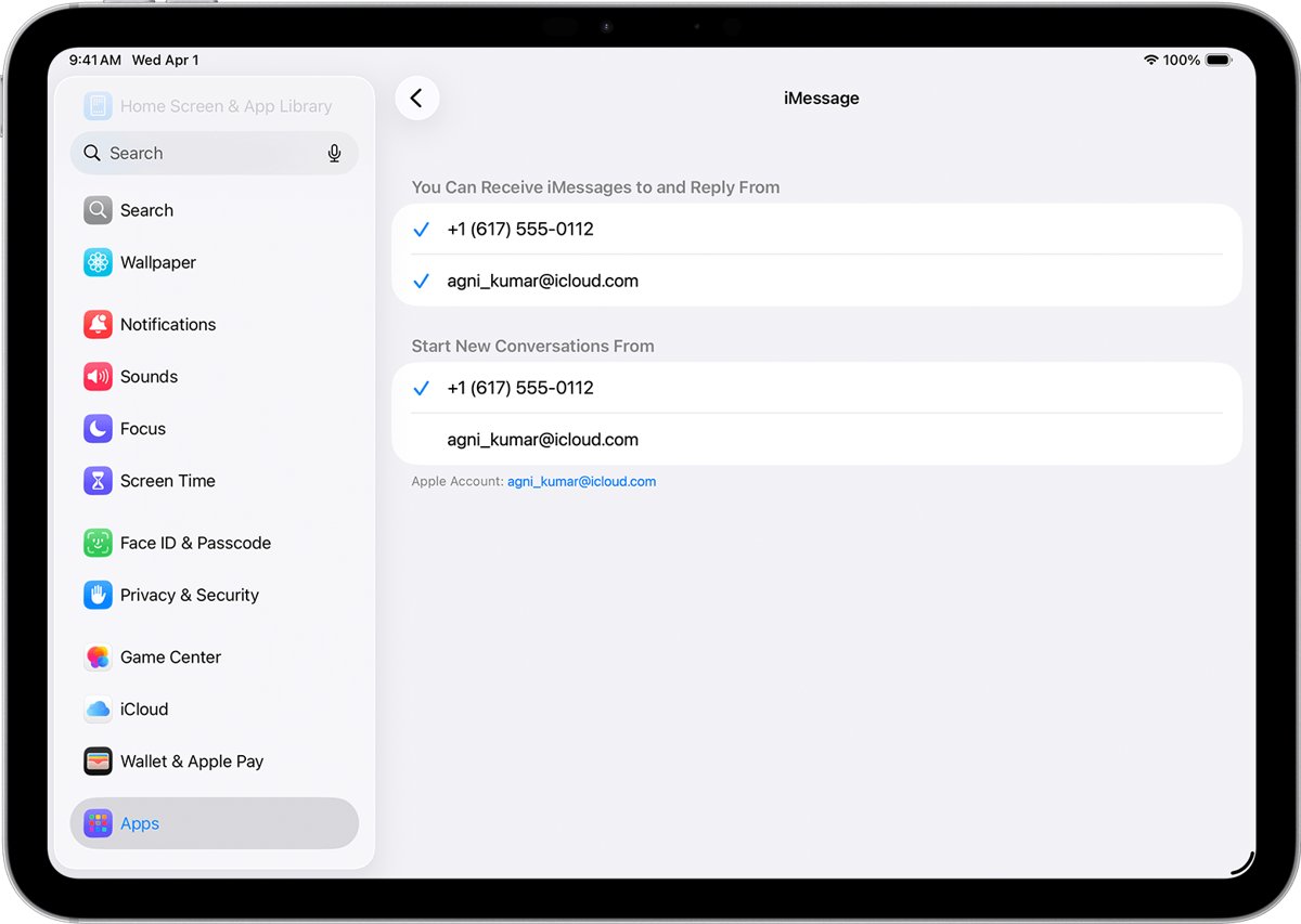 Use phone number for Messages on iPad in the iMessage settings
