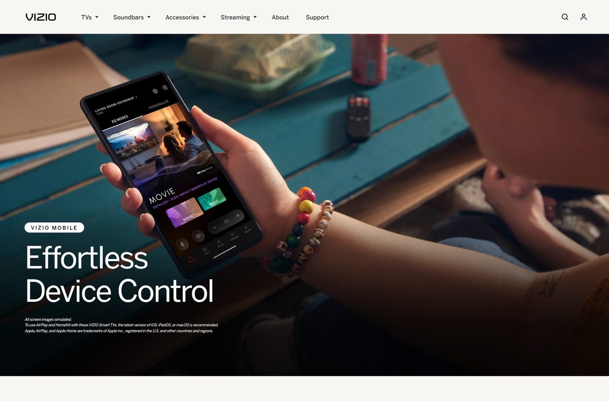 VIZIO Mobile device control page with soundbar pairing steps