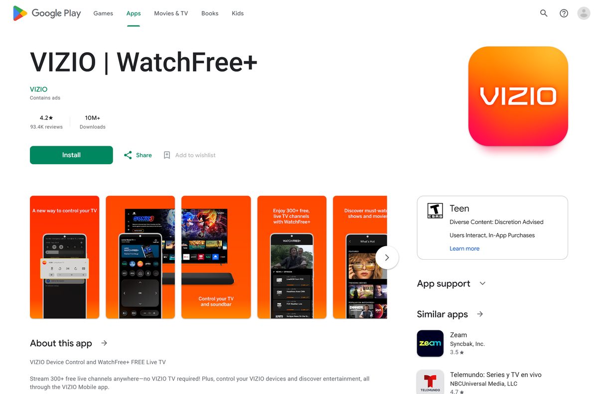 Google Play listing for VIZIO Mobile with rating and downloads