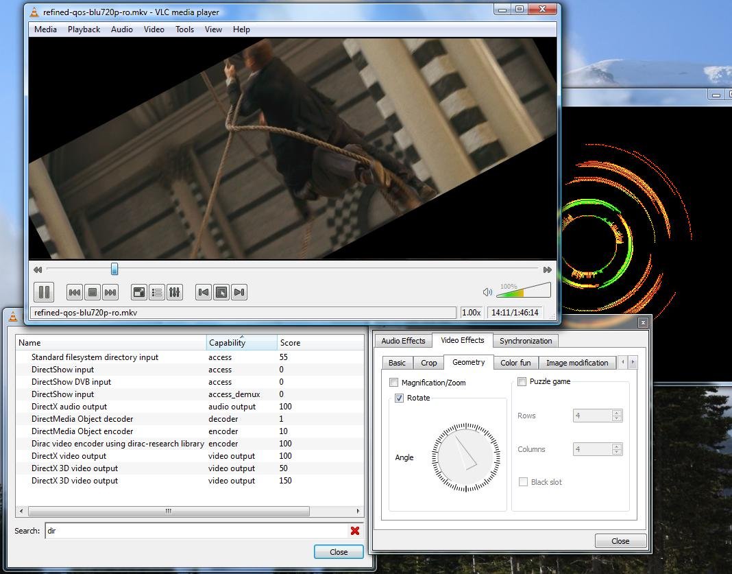 VLC media player on Windows with the Audio Effects and Video Effects windows open