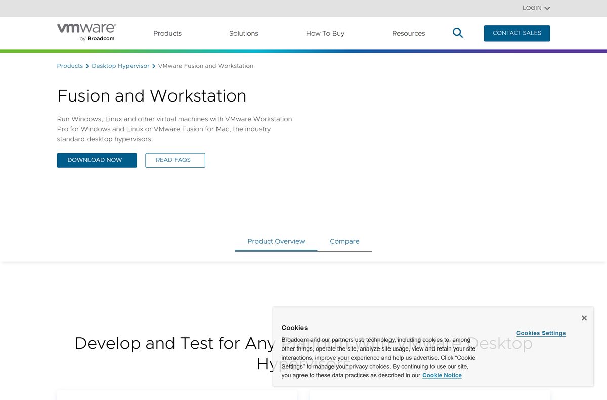 VMware desktop hypervisor page with Workstation Pro and Fusion Pro download buttons