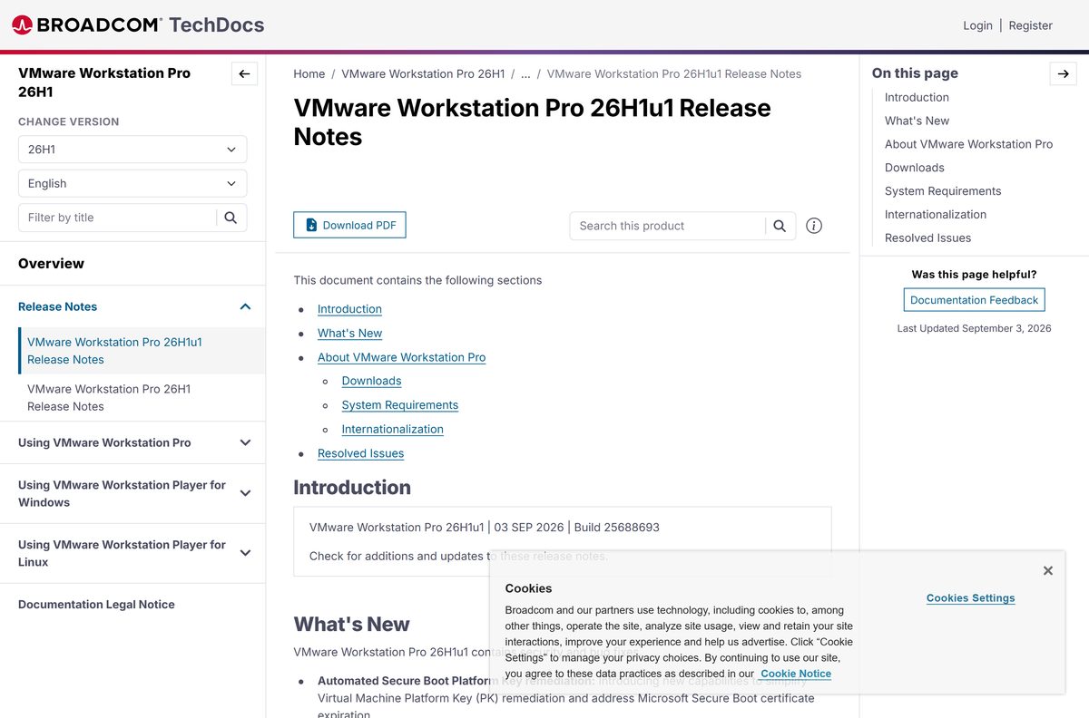 Broadcom release notes for Workstation Pro 26H1u1 with build number